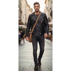 TOPMAN Men's‎ Black Leather Biker Zip Up Jacket Size Medium Full Zip Pockets